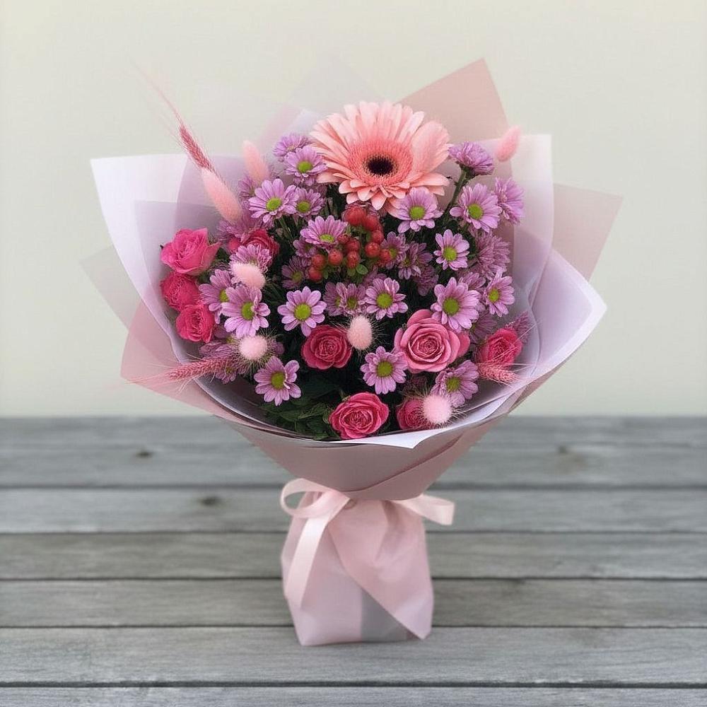 Букет цветов из: Розы, Герберы и Хризантемы в Гривенской