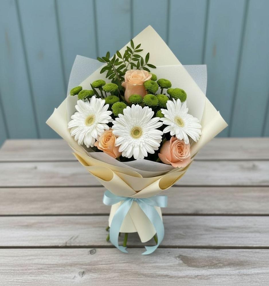 Букет цветов из: Герберы, Розы и Хризантемы в Гривенской