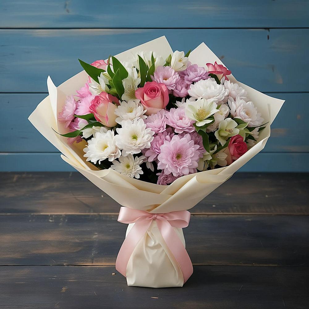 Букет цветов из: Хризантемы, Альстромерии и Розы в Гривенской